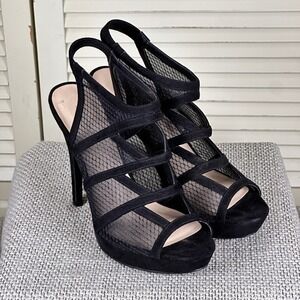 Edgy Luxury Nine West Black Mesh and Suede Cage Stiletto Heels Sandals Size 9 M